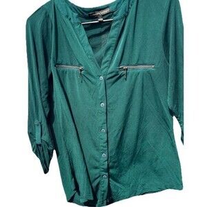 Always Indigo Women’s Sz S Green Sheer Colorful Button Down Shirt Top Blouse